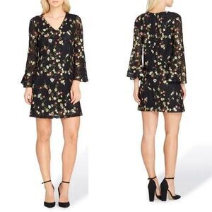 Tahari Arthur S Levine Black Lace Floral Embroidered Dress Sz 10P Bell Sleeves